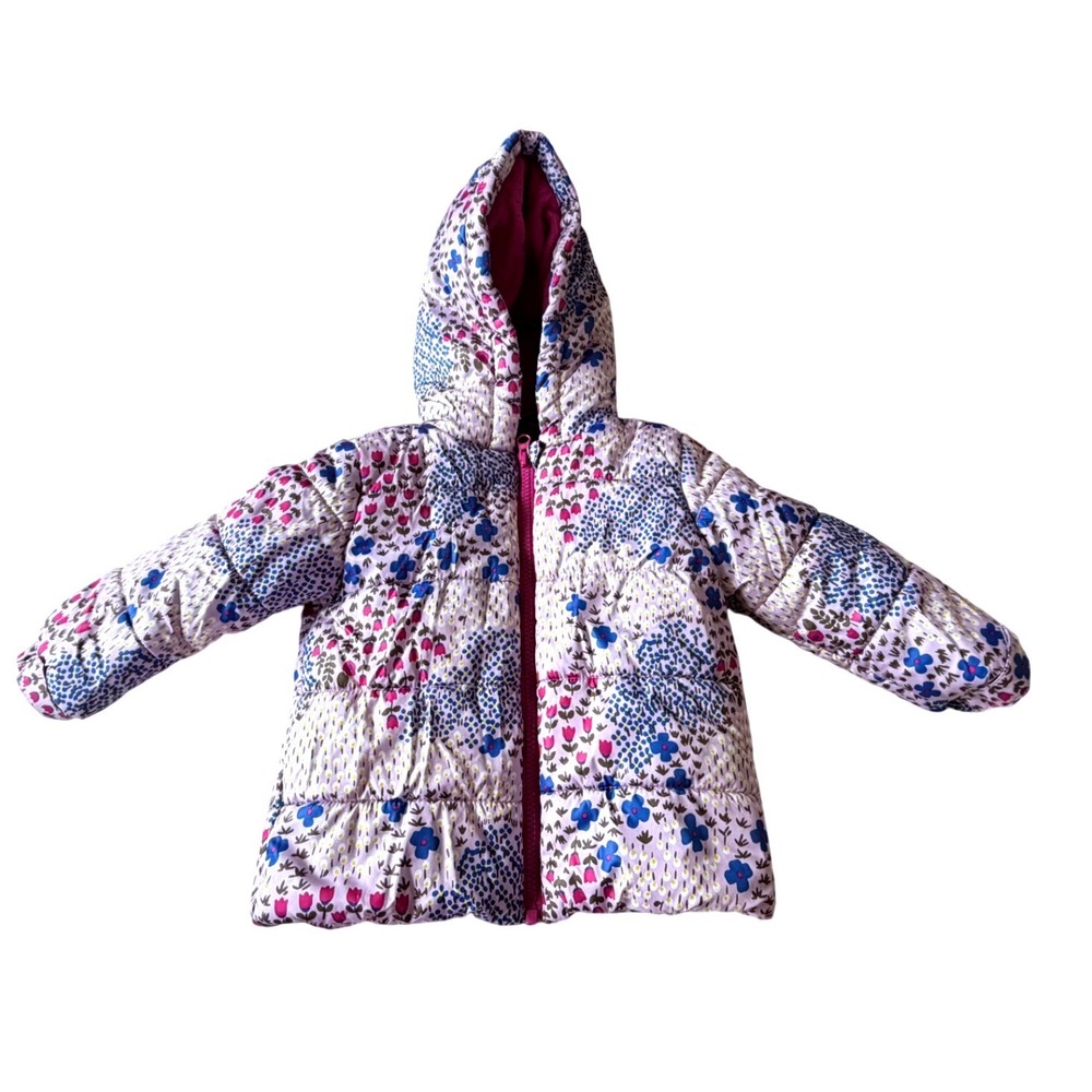 Joe Fresh Floral Hooded Puffer Jacket Pink Blue Girls 18-24 Months Fleece Lined